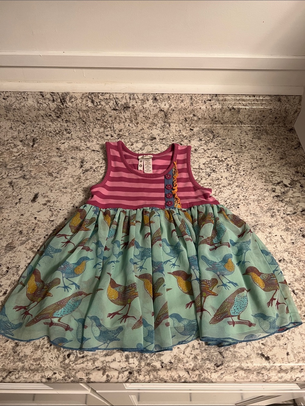 Matilda Jane Pink Striped Bodice with Teal Bird Print Dress